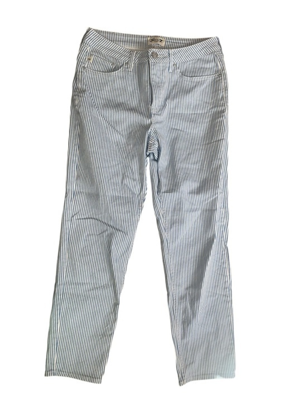 Seven7 Women Straight Leg Jeans in White and Blue Pinstripe